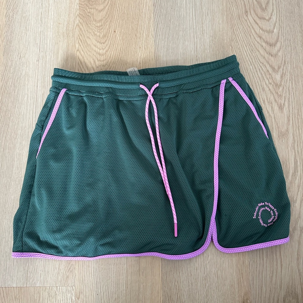 Outdoor Voices Green + Purple active skirt with pockets and shorts